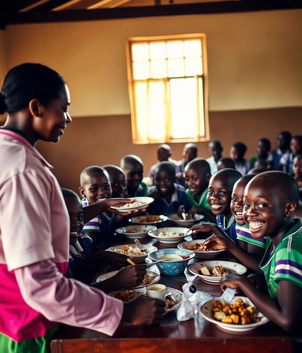 Children sharing a meal together at a long table