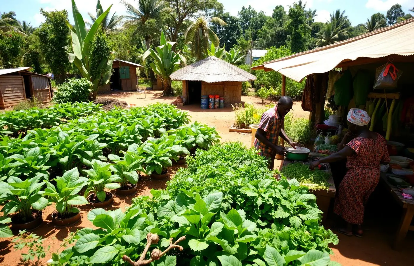 Families tending a community garden and produce stall