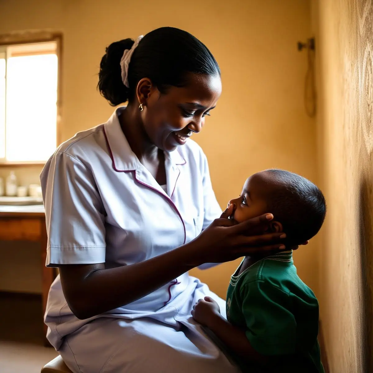 A health worker caring for a young child in a clinic room