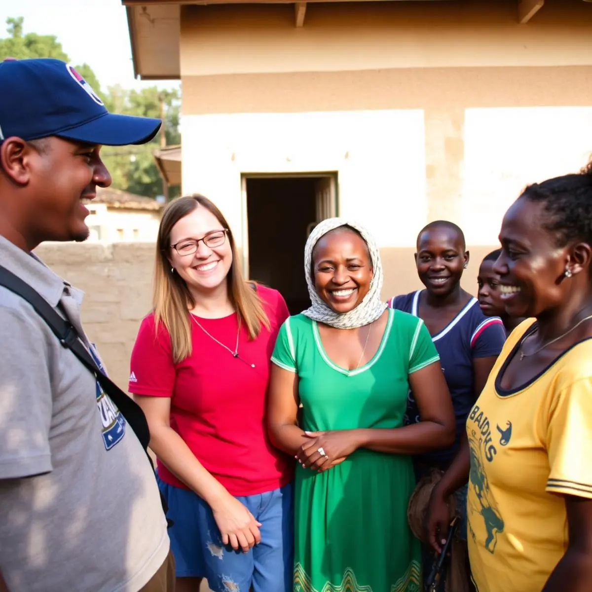 Visiting volunteers and local staff talking together outdoors