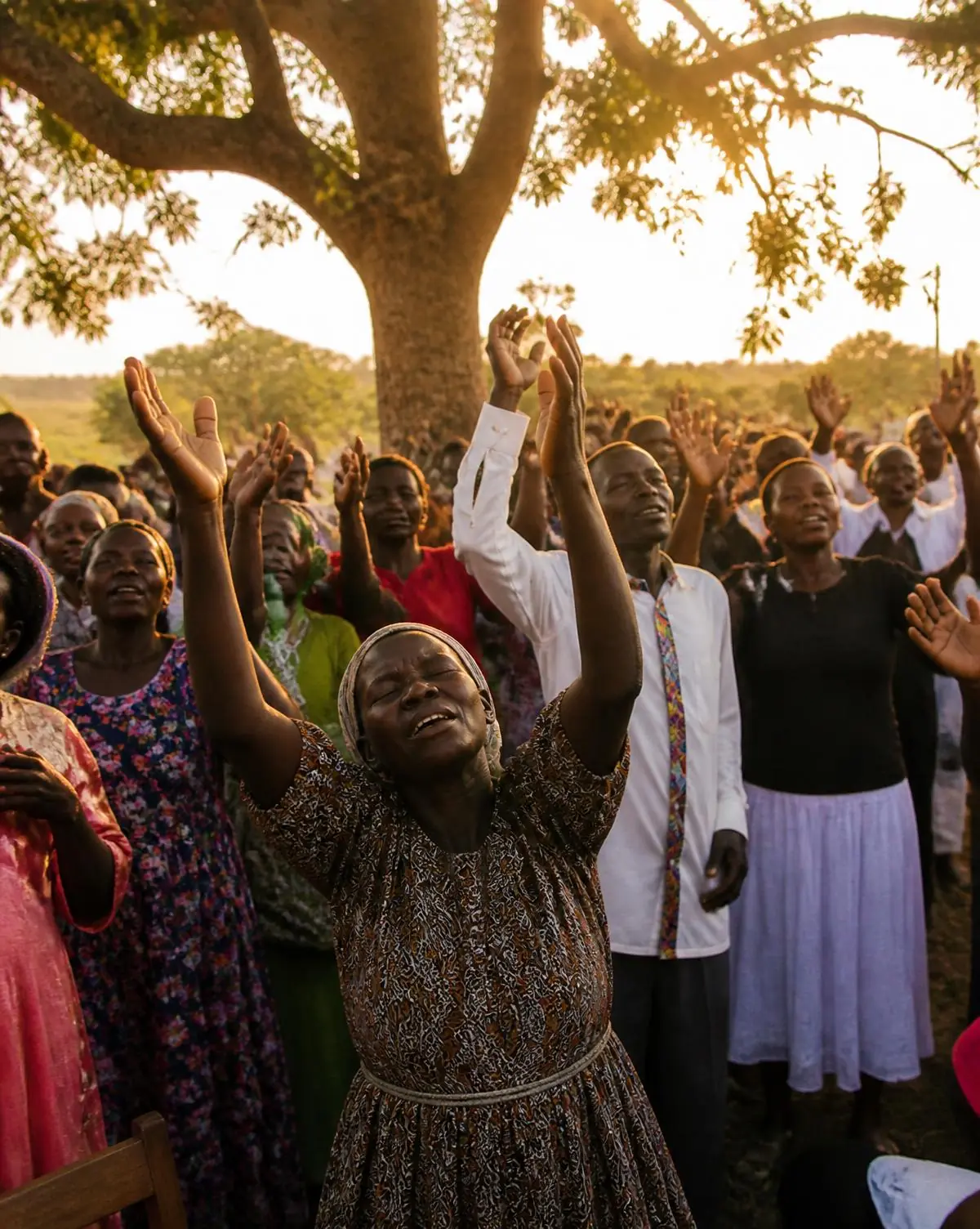 A congregation gathered in worship at an outdoor service